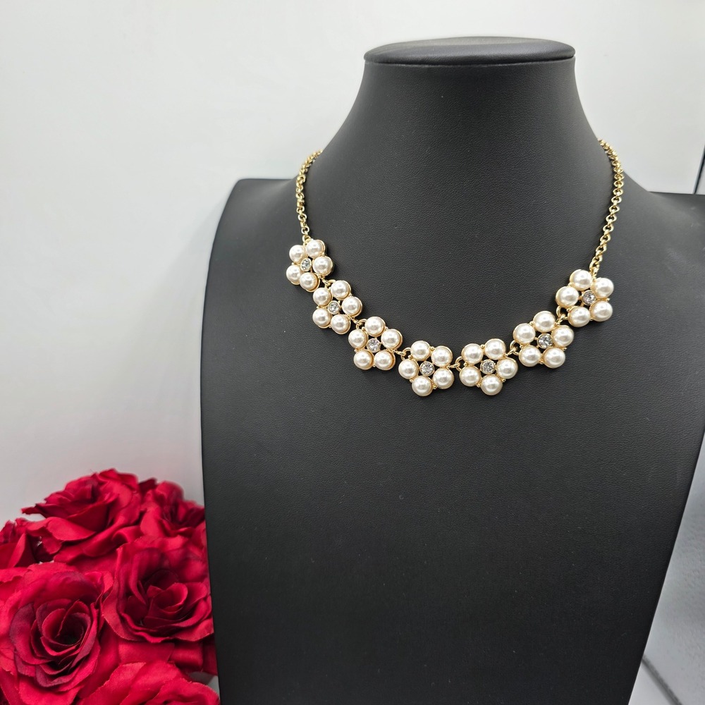 Monet Gold Tone Faux Pearl Flower Bib Statement Necklace Crystal Accents New